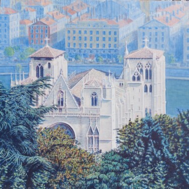 Painting titled "Lyon la cathédrale…" by Sannier Alain, Original Artwork, Acrylic Mounted on Wood Stretcher frame