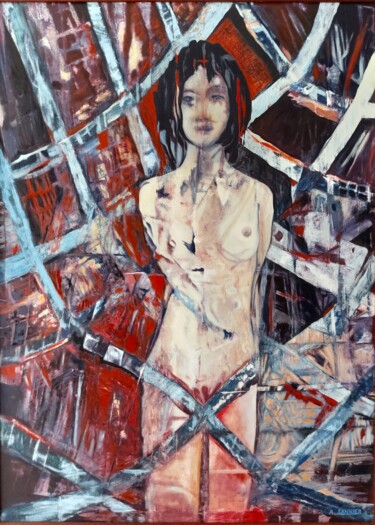 Painting titled "Caroline secrète" by Sannier Alain, Original Artwork, Oil Mounted on Wood Stretcher frame