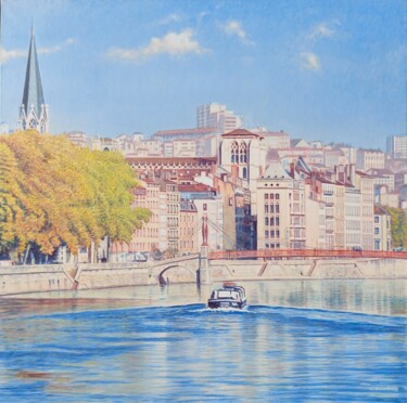 Painting titled "Lyon, la Saône, 2008" by Sannier Alain, Original Artwork, Acrylic Mounted on Wood Stretcher frame