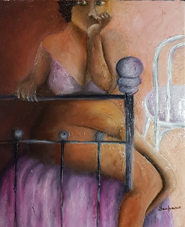 Peinture intitulée "femme-accoudee.jpg" par Sanpasco, Œuvre d'art originale, Huile