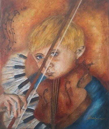 Malerei mit dem Titel "L'enfant et son vio…" von Sanpasco, Original-Kunstwerk, Öl