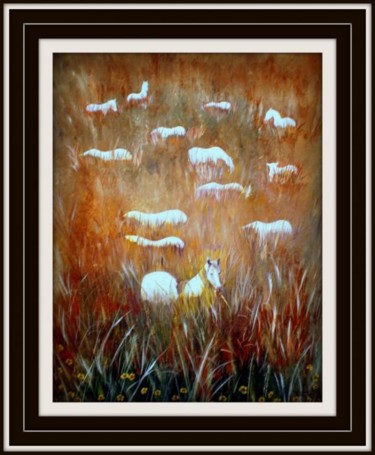 Peinture intitulée "Chevaux blanc dans…" par San Roman, Œuvre d'art originale, Huile