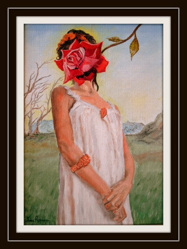 Schilderij getiteld "Portrait à la rose…" door San Roman, Origineel Kunstwerk