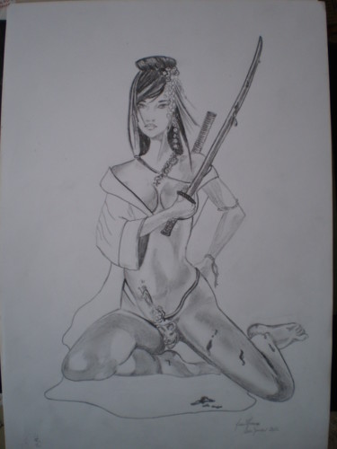 Peinture intitulée "geisha guerrière." par San Roman, Œuvre d'art originale, Huile