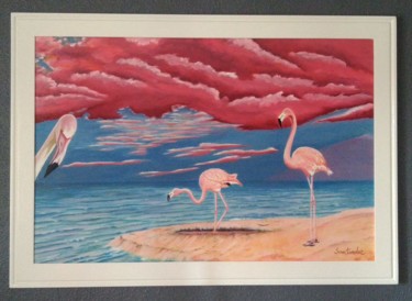 Painting titled "Les Flamants Roses…" by Paul Santander, Original Artwork, Oil Mounted on Wood Stretcher frame