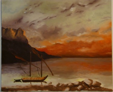 Peinture intitulée "Voilier sur mer rou…" par Paul Santander, Œuvre d'art originale, Autre