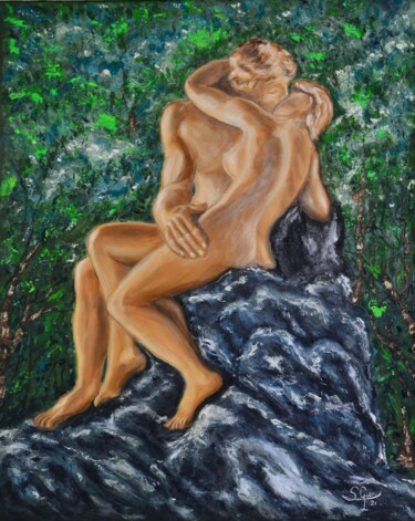 Painting titled "El beso de Rodin" by Santi Goñi, Original Artwork, Oil Mounted on Wood Stretcher frame