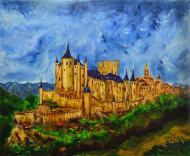 Painting titled "Alcazar de Segovia." by Santi Goñi, Original Artwork, Oil Mounted on Wood Stretcher frame