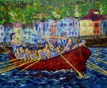 Painting titled "Regatas en pasaia" by Santi Goñi, Original Artwork, Oil Mounted on Wood Stretcher frame