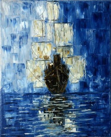 Painting titled "Velero misterioso" by Santi Goñi, Original Artwork, Oil Mounted on Wood Stretcher frame