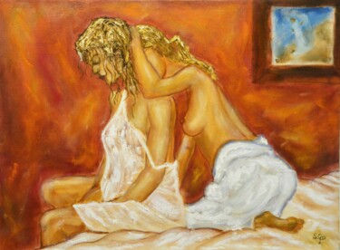 Painting titled "Dos mujeres." by Santi Goñi, Original Artwork, Oil Mounted on Wood Panel