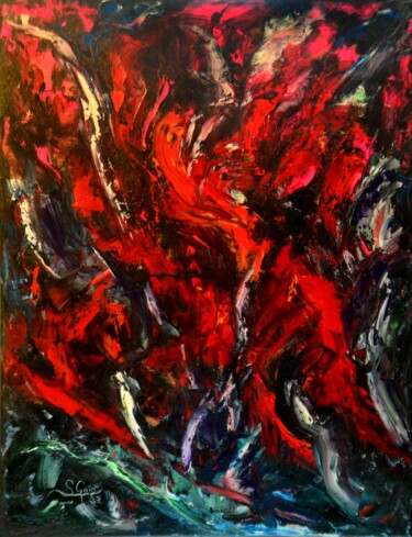 Painting titled "Capricho rojo" by Santi Goñi, Original Artwork, Oil Mounted on Wood Stretcher frame