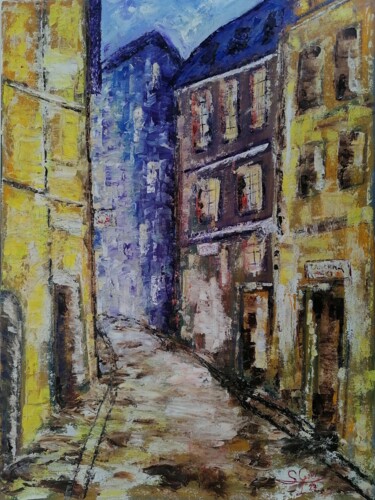 Painting titled "Una calle de Paris." by Santi Goñi, Original Artwork, Oil Mounted on Wood Panel