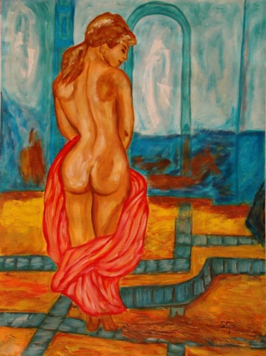 Painting titled "8-la-habitacion-azu…" by Santi Goñi, Original Artwork, Oil