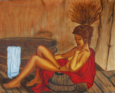 Painting titled "Mujer-en-la-bañera.…" by Santi Goñi, Original Artwork, Oil Mounted on Wood Stretcher frame