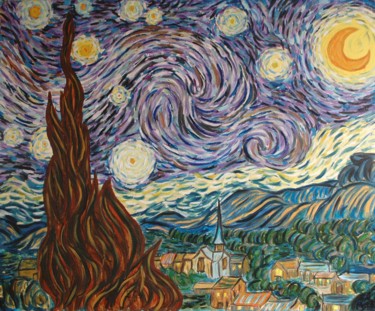 Pittura intitolato "Noche-estrellada-va…" da Santi Goñi, Opera d'arte originale, Olio Montato su Telaio per barella in legno