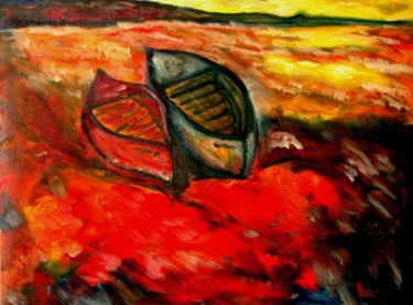 Картина под названием "1-Barcas-al-atardec…" - Santi Goñi, Подлинное произведение искусства, Масло