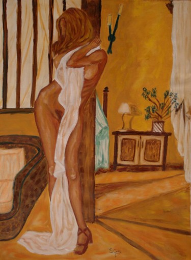 Painting titled "Despues-del-baño.jpg" by Santi Goñi, Original Artwork, Oil Mounted on Wood Stretcher frame