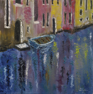 Pintura titulada "Barca en Venecia" por Santi Goñi, Obra de arte original, Oleo Montado en Bastidor de camilla de madera