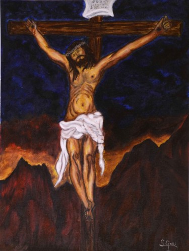 Pintura intitulada "4-la-crucifixion-60…" por Santi Goñi, Obras de arte originais, Óleo