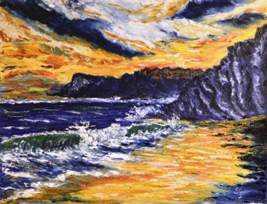 Painting titled "Playa-de-sopelama-a…" by Santi Goñi, Original Artwork, Oil Mounted on Wood Stretcher frame