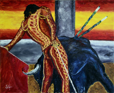 Peinture intitulée "sangre-y-arena-61x5…" par Santi Goñi, Œuvre d'art originale, Huile