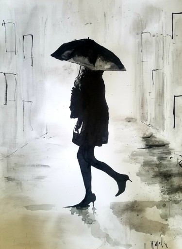 Disegno intitolato "sous la pluie" da Marc Turpaud, Opera d'arte originale, Inchiostro
