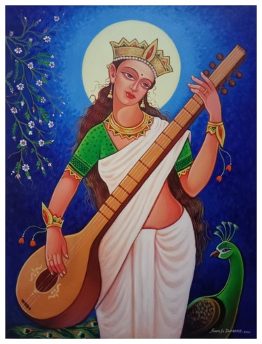 Peinture intitulée "Saraswti Devi" par Santosh Dangare, Œuvre d'art originale, Acrylique