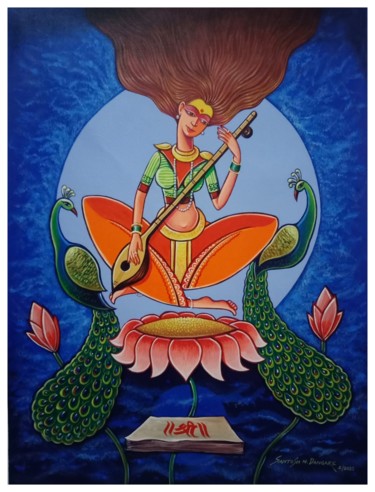 Malarstwo zatytułowany „Goddess Saraswati” autorstwa Santosh Dangare, Oryginalna praca, Akryl