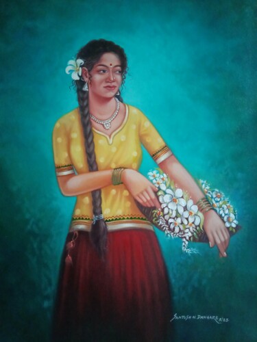 Painting titled "Woman With Flower" by Santosh Dangare, Original Artwork, Oil