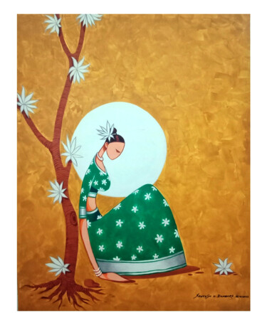 Painting titled "Lady flower Beauty" by Santosh Dangare, Original Artwork, Acrylic