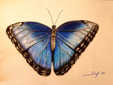 Peinture intitulée "Blue butterfly" par São Vieira, Œuvre d'art originale, Crayon