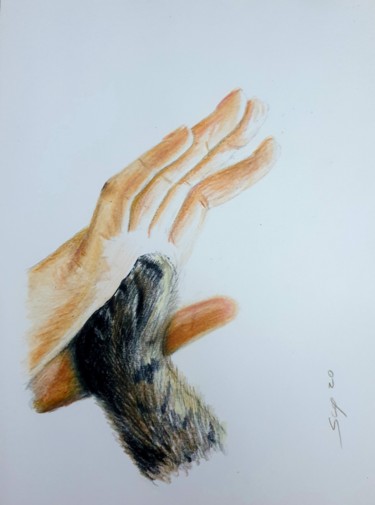 Dessin intitulée "Uma mão, uma pata" par São Vieira, Œuvre d'art originale, Crayon
