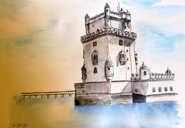 Pintura intitulada "Belém de Lisboa" por São Vieira, Obras de arte originais, Aquarela