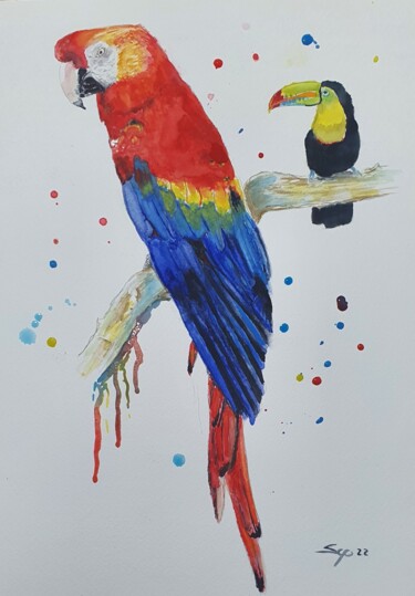 Pintura titulada "Aves exóticas" por São Vieira, Obra de arte original, Acuarela