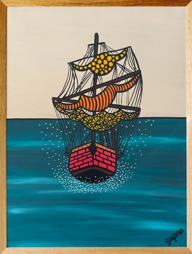 Ζωγραφική με τίτλο "Let the ship sail i…" από Sapna Corbisiero, Αυθεντικά έργα τέχνης, Ακρυλικό Τοποθετήθηκε στο Ξύλινο φορε…