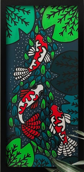 제목이 "Koi"인 미술작품 Sapna Corbisiero로, 원작, 아크릴 나무 들것 프레임에 장착됨