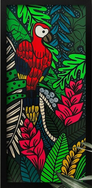 Painting titled "Happy parrot in tro…" by Sapna Corbisiero, Original Artwork, Acrylic Mounted on Wood Stretcher frame