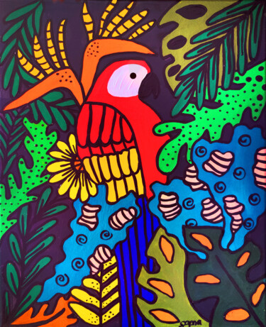 Painting titled "Éclat Tropical : Le…" by Sapna Corbisiero, Original Artwork, Acrylic Mounted on Wood Stretcher frame