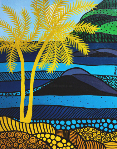 Painting titled "Le Morne, ÎleMaurice" by Sapna Corbisiero, Original Artwork, Acrylic Mounted on Wood Stretcher frame