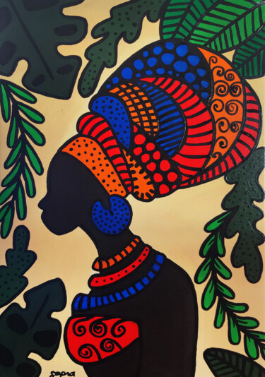 Ζωγραφική με τίτλο "Femme Africaine" από Sapna Corbisiero, Αυθεντικά έργα τέχνης, Ακρυλικό Τοποθετήθηκε στο Ξύλινο φορείο σκ…