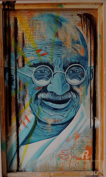 Peinture intitulée "Mahatma Gandhi" par Gregory Jomain (Sapo), Œuvre d'art originale, Acrylique