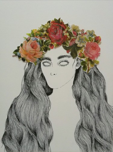 Dessin intitulée "Flower girl" par Saara Tompuri, Œuvre d'art originale, Encre