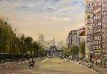 Painting titled "La puerta de Alcalá" by Sara Bento San Román, Original Artwork, Oil Mounted on Wood Stretcher frame