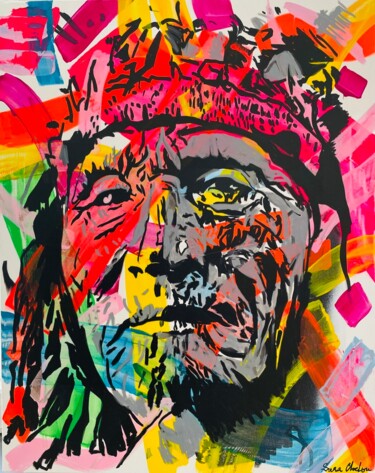 Malarstwo zatytułowany „First Nation Man” autorstwa Sara Chelou, Oryginalna praca, Akryl Zamontowany na Drewniana rama noszy