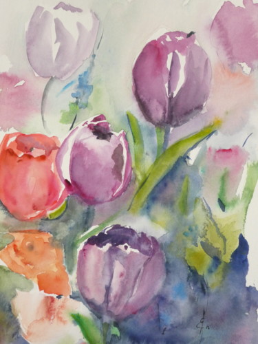 Painting titled "Tulipes" by Sara Elena Besson, Original Artwork, Watercolor