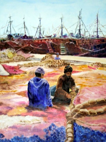 Malerei mit dem Titel "pecheurs-a-essaouira" von Sara Elena Besson, Original-Kunstwerk, Öl