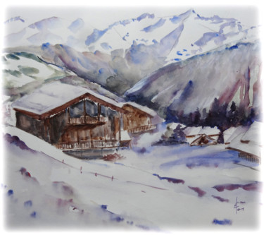 Painting titled "chalets-alpes" by Sara Elena Besson, Original Artwork, Watercolor