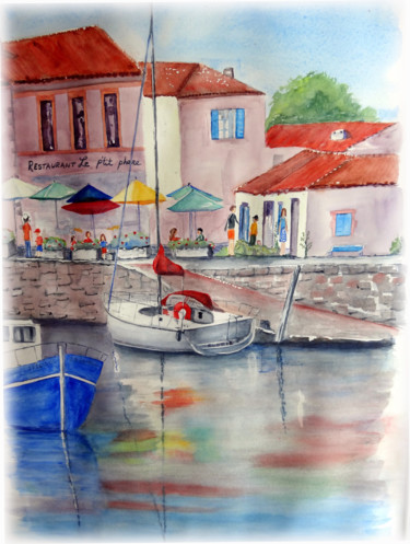 Painting titled "petit port en Chare…" by Sara Elena Besson, Original Artwork, Watercolor