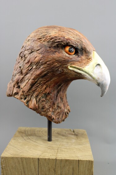 Скульптура под названием "Golden eagle bust i…" - Sara Grace Wevill, Подлинное произведение искусства, Керамика